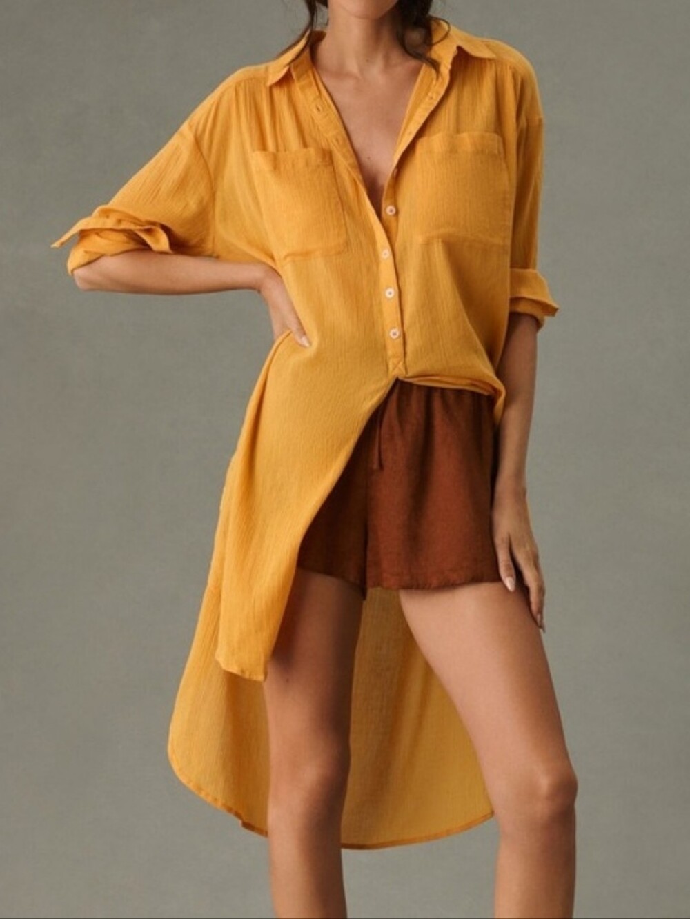 By Anthropologie Duster Tunic Shirt Long Sleeve Mango/Mustard Hi Low Oversized - Picture 3 of 13